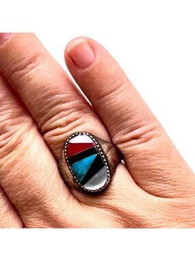 Vintage Zuni Artist EC Inlay Turquoise Coral Onxy Ring Size 9.5